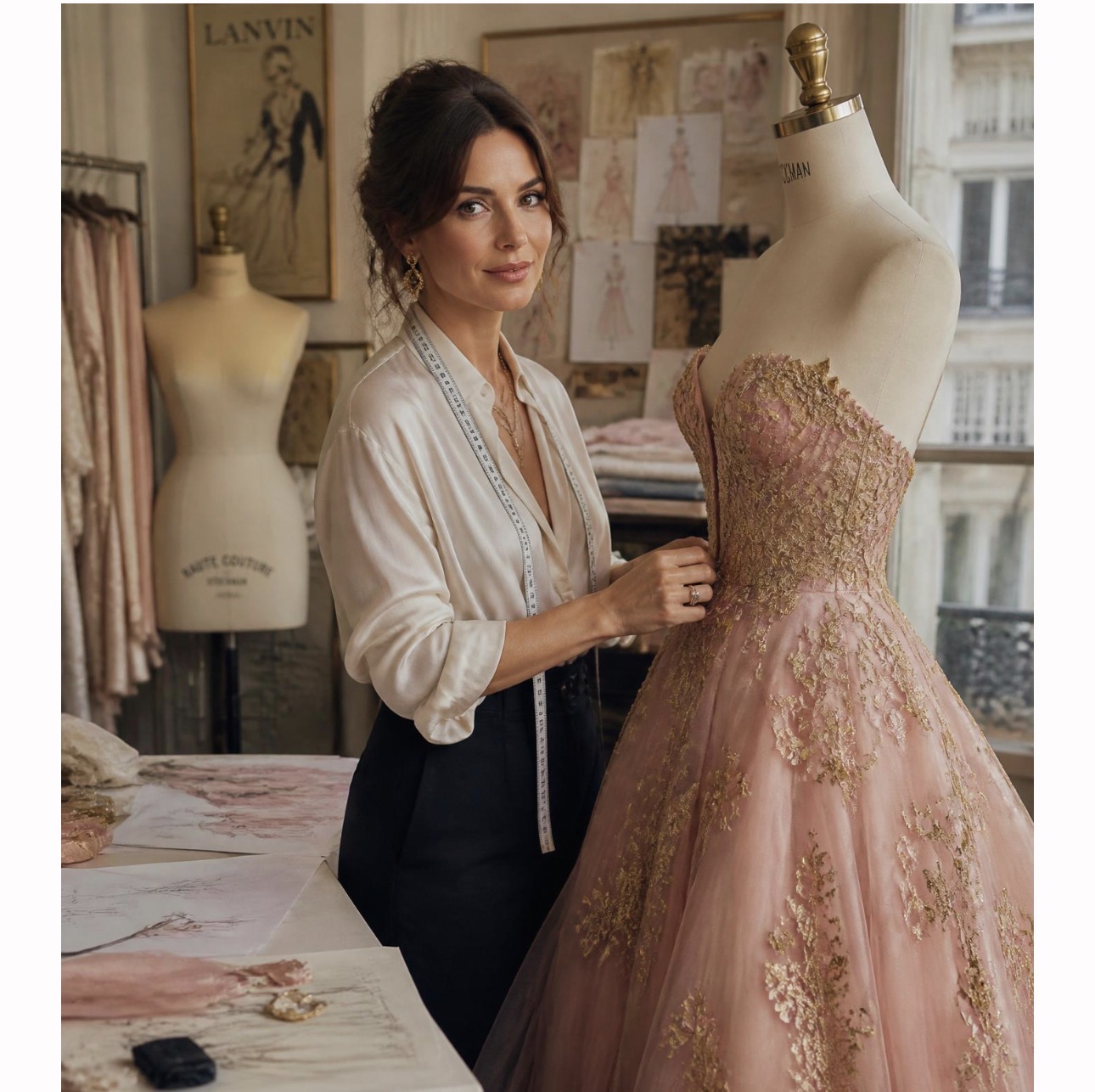 Tiffany McCall in the Paris atelier fitting a blush-and-gold couture gown